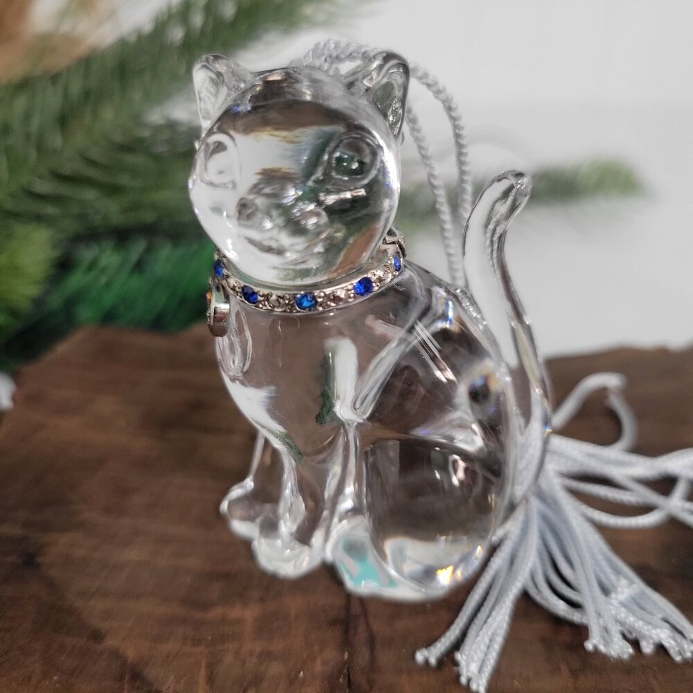 Lenox Pave Cat Lead Crystal Christmas Tree Ornament with a Blue Jeweled Collar